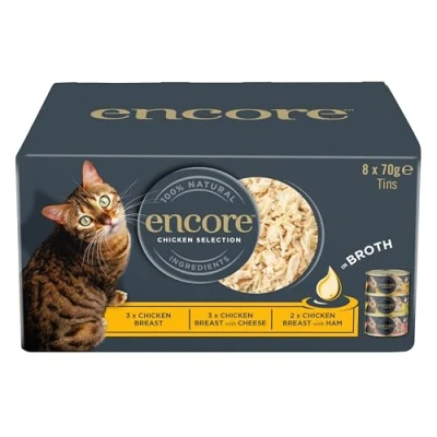 Immagine di Encore 100% Natural Premiumn Cibo umido per gatti, Selezione di pollo Varietà Multipack in brodo Confezione da 32 lattine 70 g
