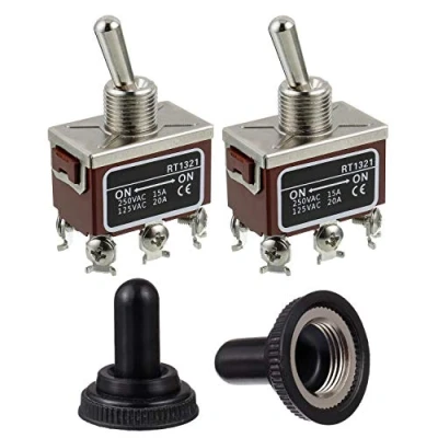 Immagine di BOJACK RT1321 Interruttore a levetta 125V 20A 250V 15A DPDT ON bilanciere 6 terminali con cappuccio in metallo impermeabile (confezione da 2 pezzi)