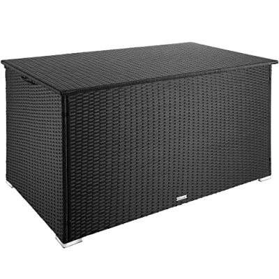 Immagine di TecTake® Box Contenitore da Esterno, Mobile Giardino con Intreccio in Polyrattan, Telaio Alluminio, Coperchio Rinforzato, Resistente ai Raggi UV, 145 x 82,5 79,5 cm Nero