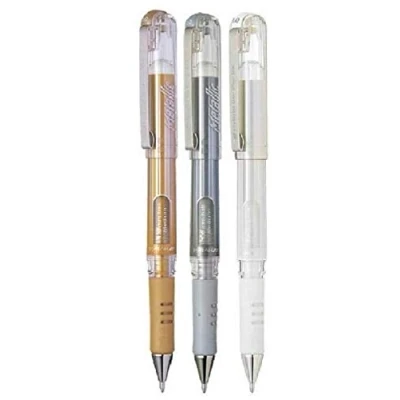 Immagine di Pentel colori misti Pacchetto Hybrid gel Grip Dx Penne metalliche Punta larga 1 mm Larghezza tratto 0,5 Inchiostro K230 wo (3 penne, colore: bianco, oro metallizzato, argento metallizzato)