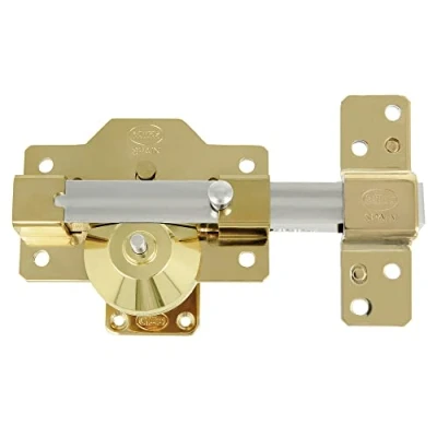 Immagine di Amig Serratura di sovrapposizione ad alta sicurezza per porte in legno, mod. 8 PLUS, 90 x 154 mm, con cilindro rotondo e chiavistello, acciaio dorato