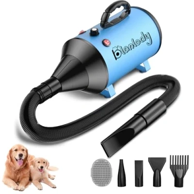 Immagine di Blanlody Asciugacapelli per Cani Blower Molto Silenzioso, 5,2 CV/3800 W, velocità Regolabile, Ventilatore la Cura del Cane con 4 Diversi ugelli, Tubo Elastico e Spazzola