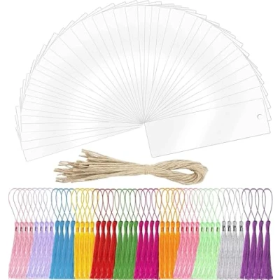 Immagine di 118 Segnalibro Acrilico, BetterJonny 40 Acrilico 48 Nappe Colorate 30 Corda Vuoto Trasparente Segnalibri Fai da Te per Artigianato Taccuino Etichette Progetti