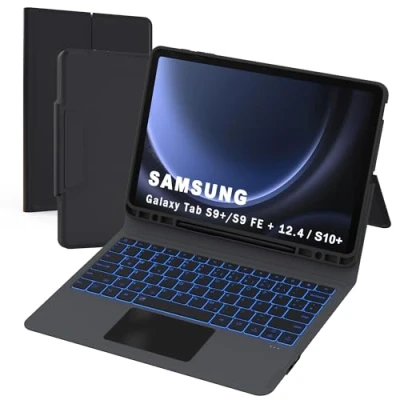 Immagine di Custodia per Samsung Galaxy Tab S9 FE+ /S9 Plus da 12,4 pollici con Tastiera Folio Trackpad Tablet Cover portapenne retroilluminata QWERTZ Layout touchpad / S9+