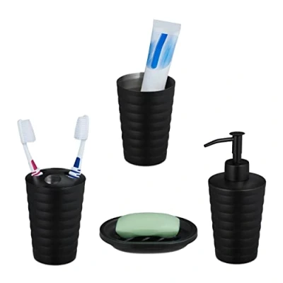 Immagine di Relaxdays Set Bagno 4 Accessori in Acciaio Inox Spazzolato, Porta Spazzolino e Dentifricio, Sapone Saponetta, Nero, 100%, 1 pz