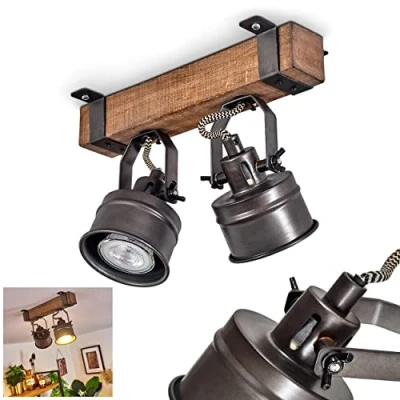 Immagine di plafoniera Pehefito, in metallo/legno dal design vintage nero/marrone, luce retrò con travi legno e faretti regolabili, 2 luci, x attacco GU10, senza lampadina/e