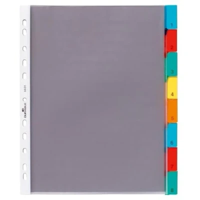 Immagine di Durable 663119 Busta intercalare forata, cavalierini colorati, set di etichette bianche o stampate 1 8, f.to A4, 8 tasti, foratura universale, trasparente