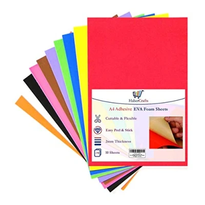 Immagine di Habercrafts Fogli autoadesivi in schiuma EVA, formato A4, per progetti artistici e artigianali, spessore 2 mm, 10 colori assortiti (A4, fogli)