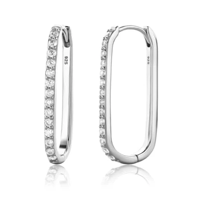 Immagine di Miore Orecchini Donna Argento, Orecchino cerchio Ovale in Argento 925 e fila di Zirconi Brillanti. Classico anallergico con perno scatto.