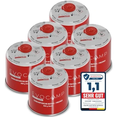 Immagine di EVOCAMP Cartucce di Gas butano da 500g, Cartuccia a Vite con butano/propano 899 ml, Conforme alla Norma EN 417, Adatta per Campeggio (6X)