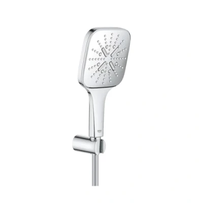 Immagine di Grohe Rainshower 130 SmartActive Cube 26588LS0 Soffione Doccia a 3 Getti, Ecojoy Portata Limitata 9,5l/min, Set con Supporto, Bianco Squadrato, mm, di Pezzi
