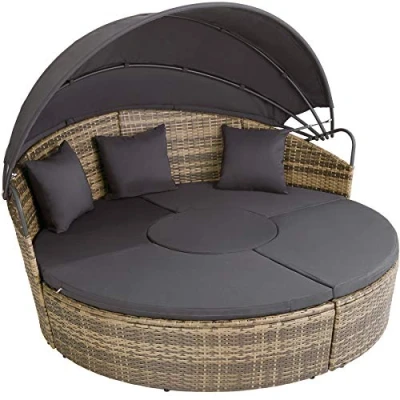 Immagine di TecTake® Isola Prendisole in Rattan Santorini, Divano con Tettuccio Parasole Pieghevole, Morbidi Cuscini per Seduta e Schienale, Componibile, Resistente ai Raggi UV Naturale