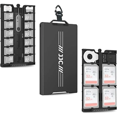 Immagine di JJC Custodia in metallo per schede di memoria pop up, ultra sottile, 12 micro SD, TF, MSD + 4 SD 2 Nano SIM, con moschettone a testa piatta, adattatore strumento rimozione e