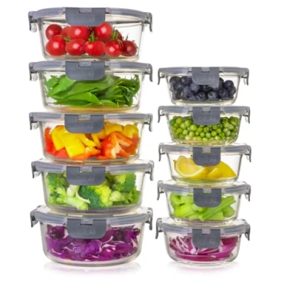 Immagine di Contenitori Ermetici per Alimenti Vetro con coperchio Ideale Microonde, Forno, Frigo e Freezer Contenitore Rotondi Meal Prep piccoli Set Premium di 10 senza BPA 950ml 400ml