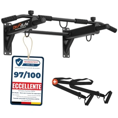 Immagine di DH FitLife Sbarra Trazioni a Muro 4 in 1 con Tasselli ad Espansione, Pull Up Bar Multifunzione per Casa, Stabile fino 200kg 6 Impugnature Antiscivolo 3 Occhielli Sacco Boxe &amp; Sling Trainer