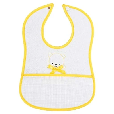 Immagine di Filet Bavaglino con Tasca in Tela Aida da Ricamare, Realizzato Morbida Spugna di Cotone, Chiusura Bottone a Pressione, Ideale per Neonati e Prima Infanzia, Made Italy, Colore Giallo