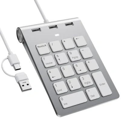 Immagine di Cbcuyle Tastiera Numerica con USB A/USB C, Multifunzione Mini 3 porte 2.0 Aggiuntive, 18 tasti, Tastierino Numerico C Ergonomica a 15 per Notebook, Laptop e Desktop