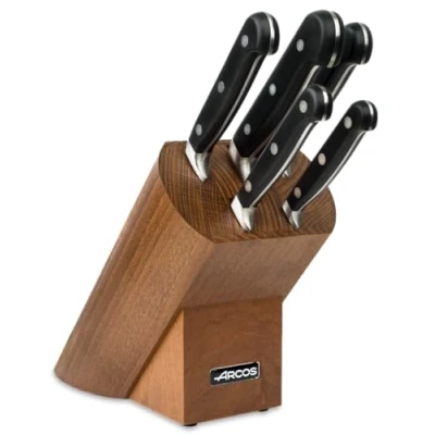 Immagine di Arcos Opera Set Coltelli 5 Pezzi (5 Coltelli) Nitrum Forgiato in Acciaio Inox Manico Pom Blocco Legno di Faggio Laccato Noce