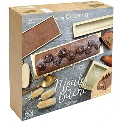 Immagine di ScrapCooking 1939 Set di stampi in silicone per fusto natalizio, con inserto e tappeto, supporto dorato ricetta, pera, cioccolato, grondaia morbida pasticceria, colore: oro