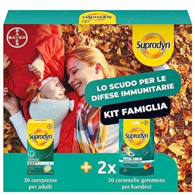 Immagine di Supradyn Difese Kit Integratore Multivitaminico Alimentare Completo, con Vitamina C, D e Zinco per il Sistema Immunitario, 50 Caramelle Gommose + 30 Compresse Effervescenti