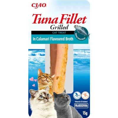 Immagine di INABA, Churu Filet snack per gatti alimentazione manuale, bocconcini in comode porzioni, filetto di tonno brodo con calamari, 15g/1 confezione