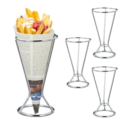 Immagine di Relaxdays Set da 4 Porta Coni per Patatine Fritte in Acciaio Inox, HxD 16x9,5 cm, Supporto Chips e Fritture, Argento, 16 x 9.5 cm