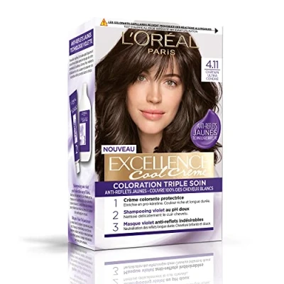 Immagine di L&#039;ORÉAL PARIS Colore permanente per capelli, triplice cura, antiriflesso, giallo, copre i capelli bianchi al 100% crema eccellente sfumatura: marrone cenere ultra (4.11)