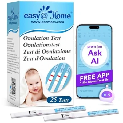 Immagine di Easy@Home 25 Test Ovulazione 25mIU/ml, Altamente Preciso, Monitoraggio Attendibile del Ciclo e Periodo Fertile, Alimentata da gratuita Italiana APP Premom(iOS &amp; Android)