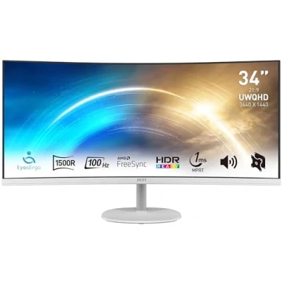 Immagine di MSI PRO MP341CQW Monitor Curvo 34&quot; UWQHD (3440 x 1440), Pannello 21:9, 100 Hz, 1 ms (MPRT), Anti Flicker, Less Blue Light, Speaker integrati, 2x HDMI 2.0b, 1x DP, VESA 100x100, Bianco