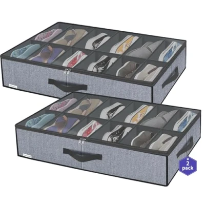 Immagine di homyfort Set di 2 Organizzatore Scarpe Sottoletto con Coperchio Trasparente Custodia Portascarpe a 12 Scomparti Organizer Pieghevole in Tessuto, Lino Grigio, XDUBSB2P