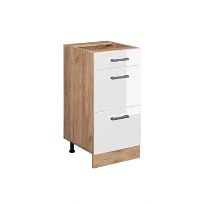Immagine di Vicco mobiletto base per cucina R line, Bianco lucido/Quercia dorata, 40 cm con cassetti, senza piano di lavoro