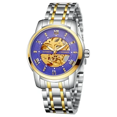 Immagine di FORSINING Orologio da polso meccanico automatico uomo con scheletro di lusso impermeabile in acciaio inossidabile, 04 blu., Bracciale