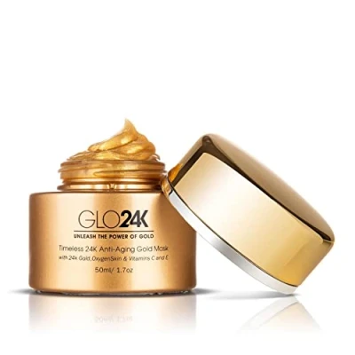 Immagine di GLO24K Maschera d&#039;oro antinvecchiamento senza tempo 24k con oro 24k, pelle di ossigeno E vitamine C ed
