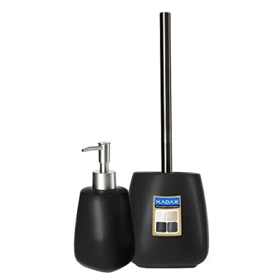 Immagine di KADAX Set da bagno 2 pezzi in ceramica, accessori bagno, dispenser di sapone, bicchiere portasapone e scopino WC (spazzola nero) (K8180)