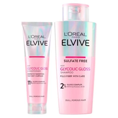 Immagine di L&#039;Oréal Paris Elvive Glycolic Gloss Shampoo Illuminante con Acido Glicolico 200ml + Balsamo Riparatore per Capelli Porosi e Spenti Lucentezza Intesa Duratura Effetto Seta 150ml Set da 2