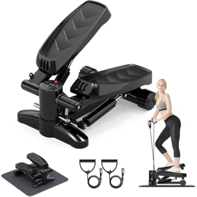 Immagine di Stepper 2 in 1 per Casa, Mini da Fitness con Monitor LCD e Bande di Allenamento, Oscillate Su Giù Allenamento Gambe, Braccia, Glutei, Esercizio Ufficio a Casa
