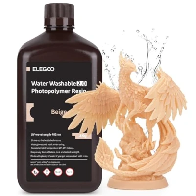 Immagine di ELEGOO Resina Lavabile in acqua Potenziata 2.0, 3D a 405 nm Polimerizzazione UV con Basso Restringimento e Maggiore Precisione per Stampante LCD 3D, Beige 2000G