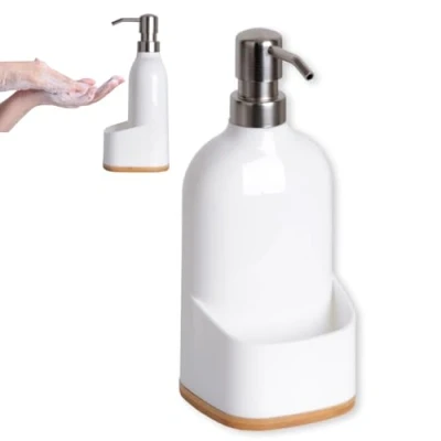 Immagine di KOOK TIME Dispenser sapone cucina Bianco Portasapone e porta spugna plastica base in bambù detersivo piatti Organizzatore per lavello da compatto. 9.5x9.5x22 cm.