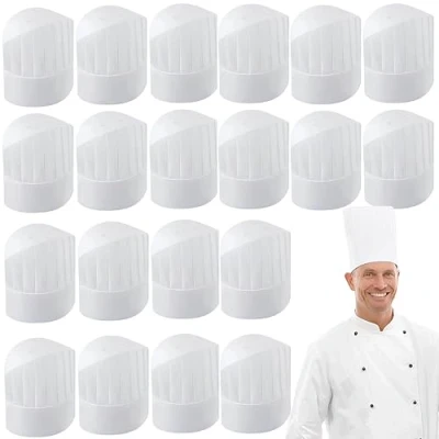 Immagine di 20 Pezzi Cappello Cuoco Usa e Getta, Cucina Regolabile, Non Tessuto Regolabile 11 Pollici Alta Cottura per Cucina, Casa, Ristorante, Catering, Party (Bianco)
