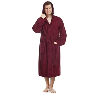 Immagine di Arus Pacific Accappatoio da uomo con cappuccio, lunghezza al polpaccio, 100% cotone spugna, Taglia uomo: S, unisex: S M, Bordeaux