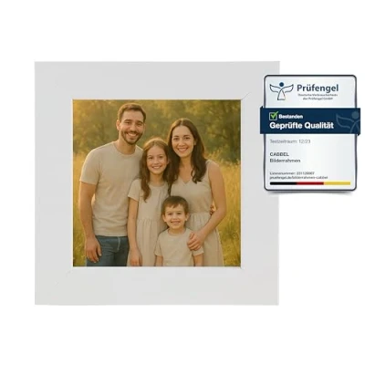 Immagine di CABBEL cornice portafoto da 10 x cm, in MDF, vetro acrilico infrangibile, colore bianco, confezione 1 quadrata appoggiare o appendere, moderna e stabile