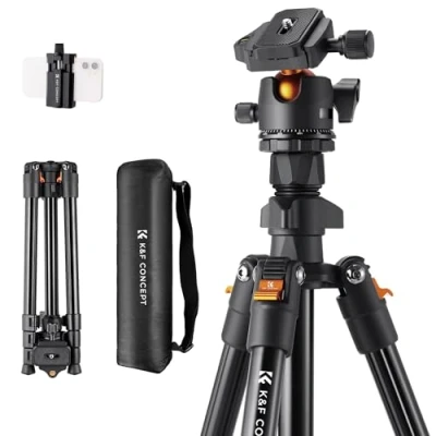 Immagine di Treppiede Fotocamera e Smartphone 163cm, K&amp;F Concept in Alluminio da Viaggio Leggero Compatto, Compatibile con Canon Nikon Sony DSLR Reflex iPhone Samsung, 360 Testa a sfera