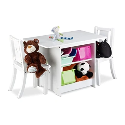 Immagine di Relaxdays Set Mobili per Bambini Albus con Contenitore, 1 Tavolino e 2 Sedie in Legno Tavolo Cameretta dei Bimbi, Bianco, pz