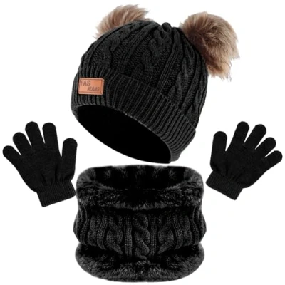 Immagine di volumoon Sciarpa Guanti e Cappello Bambino, a Maglia Bambini Invernale Beanie Guanti, Berretto Scaldacollo Set, con Pompon per tra 1 6 Anni Ragazze Ragazzi (Nero)
