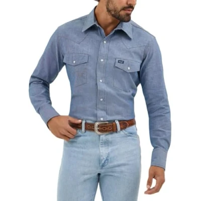 Immagine di Wrangler Camicia Performance da Uomo a Maniche Lunghe, con Bottoni Automatici, Blu Chambray., L