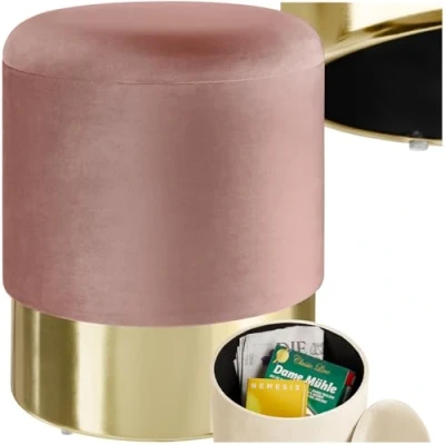 Immagine di TecTake 800832 Sgabello Rotondo, Effetto Velluto, Grande Scomparto, Base in Acciaio Color Oro Scintillante, Capacità Massima di Carico 300 kg (Rosa)