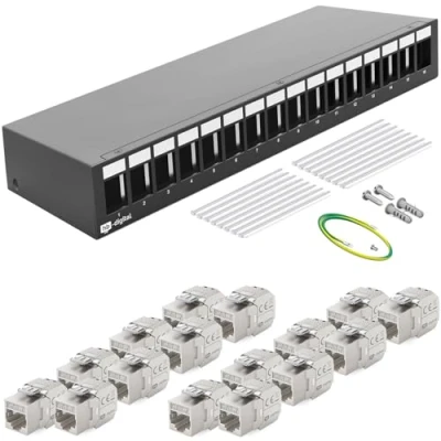 Immagine di HB DIGITAL Pannello patch a 16 porte di rete 1U + 16x CAT 7 Keystone Module RJ45 femmina jack per montaggio parete compatibile con cavo posa 5e 6 6a Ethernet LAN DSL nero