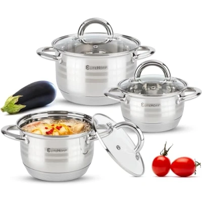 Immagine di EliteHoff set di pentole a induzione 6 pezzi, pentola in acciaio inossidabile 7 strati, 3 con coperchio, per tutti i tipi cucine (E 4304)