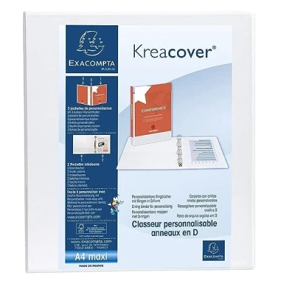 Immagine di Exacompta 51843E 1 Raccoglitore Personalizzabile Kreacover 4 Anelli a D 40 mm Copertina Foderata PP con Tasca Fronte/Dorso/Retro Dorso 64 F.to Esterno 28.5x32 cm per A4 Maxi Bianco