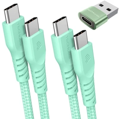 Immagine di TECHGEAR cavo di ricarica da USB C a C, 60 W (1 m + 2 adattatore) intrecciato dati tipo per rapida, compatibile con i